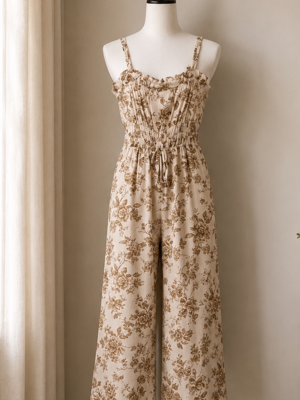 Beige Floral Wide-Leg Smocked Jumpsuit